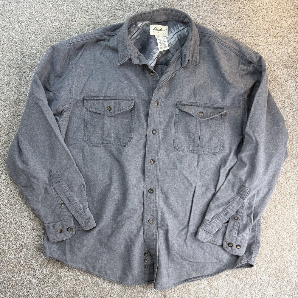 Eddie Bauer Shirt Mens Large Gray Flannel Long Sleeve Button Up Pockets Casual